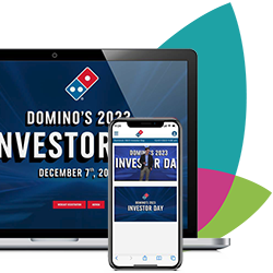 Dominos Pizza investor website displaying on a laptop and a phone
